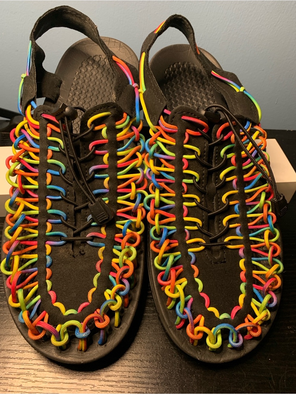 Men's Rainbow Cord Knit Black Sandals - Multicolor Elastic Straps